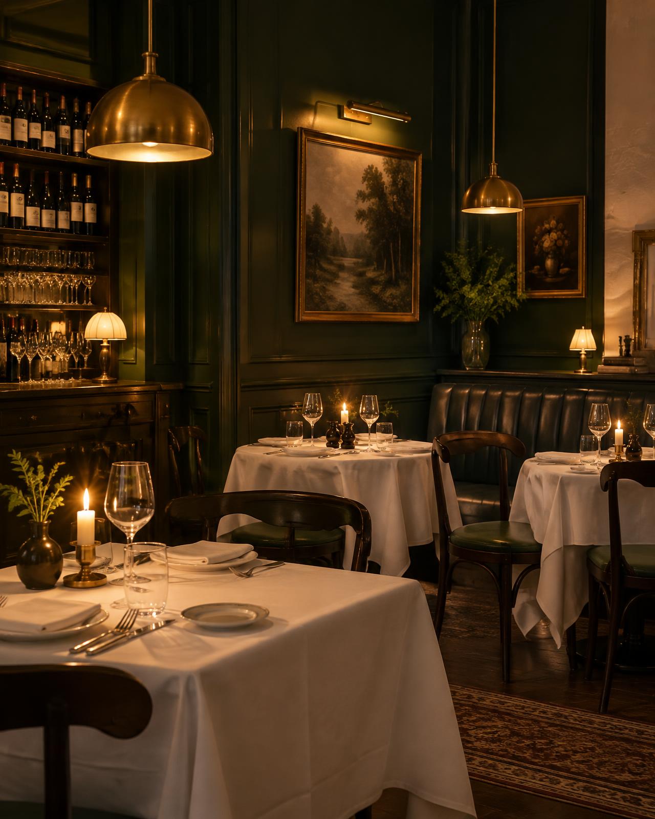 Candlelit dining room with green walls and white linen