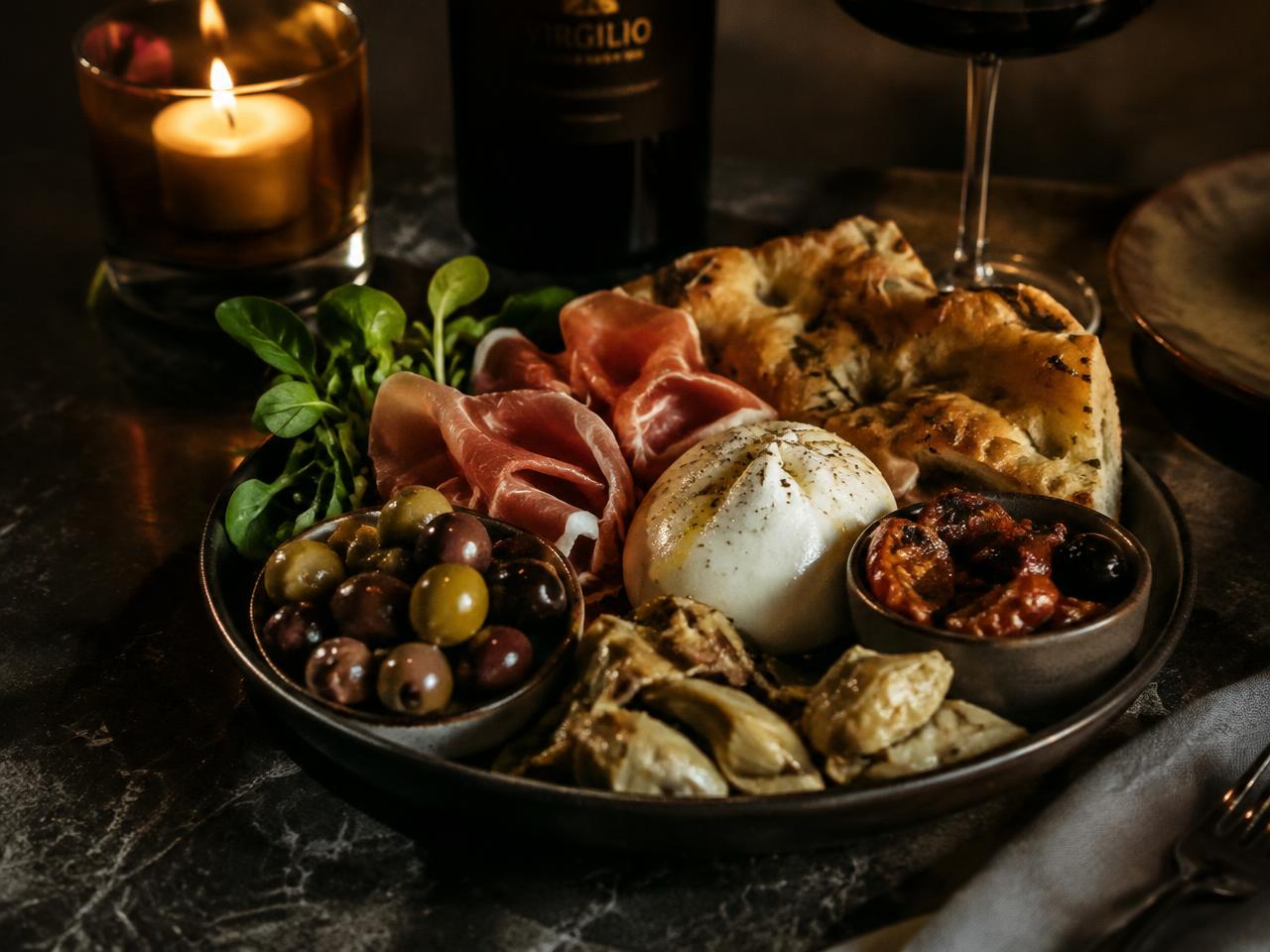 Antipasti platter with burrata and prosciutto